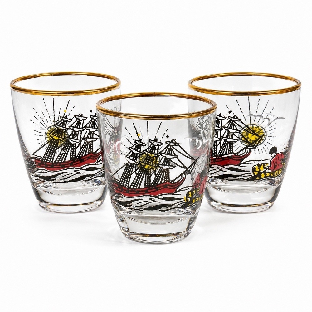 VTG Libbey Treasure Island Gold Rim Shot Glasses Pirate Ship MCM Barware Set/3